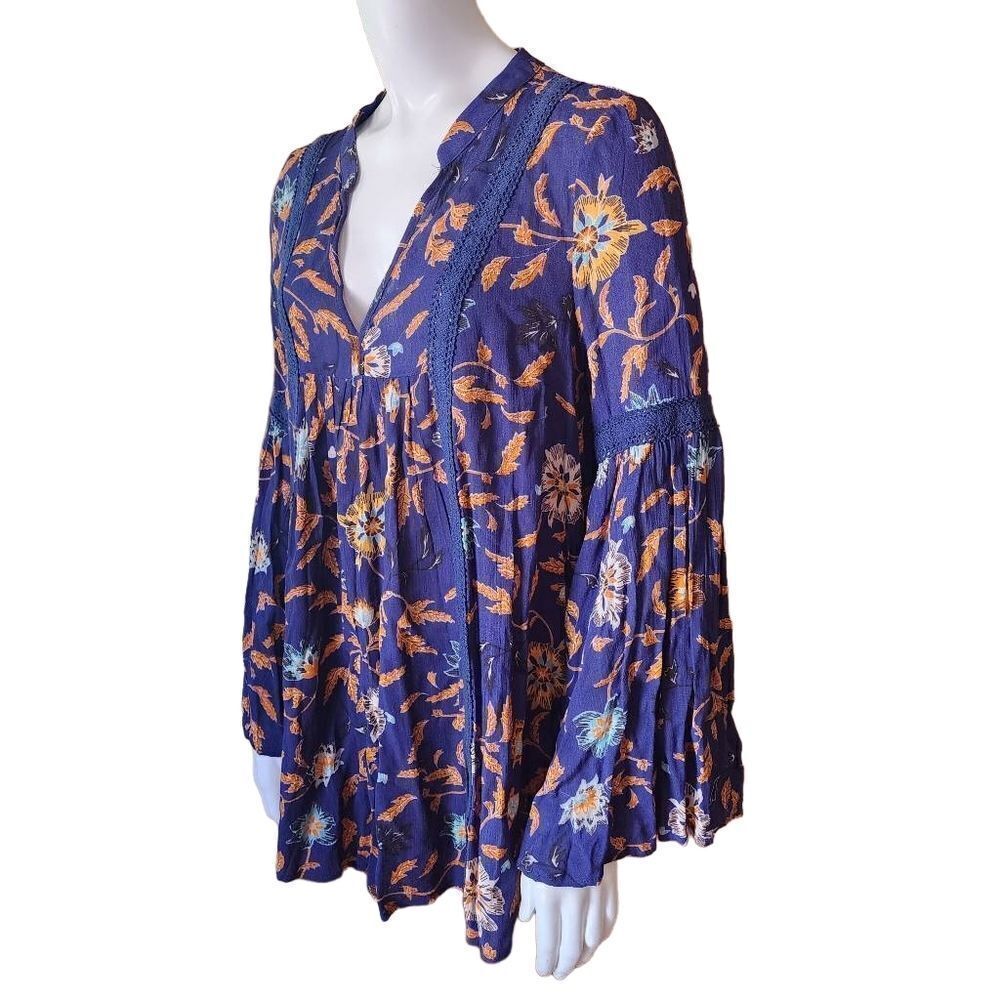 NWT I Joah Blue & Orange Floral Long Sleeve Blouse (S)